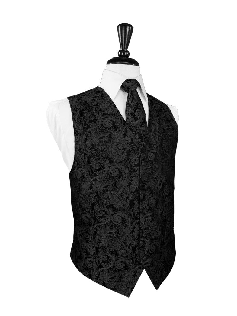 Black Satin Tapestry Full Back Tuxedo Vest by Cristoforo Cardi