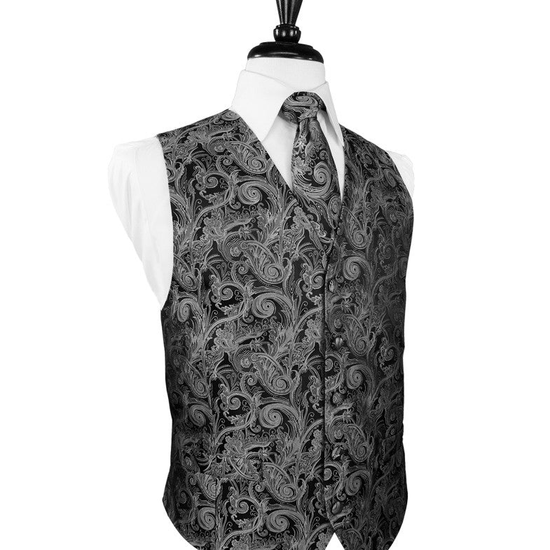 Silver Satin Tapestry Tuxedo Vest
