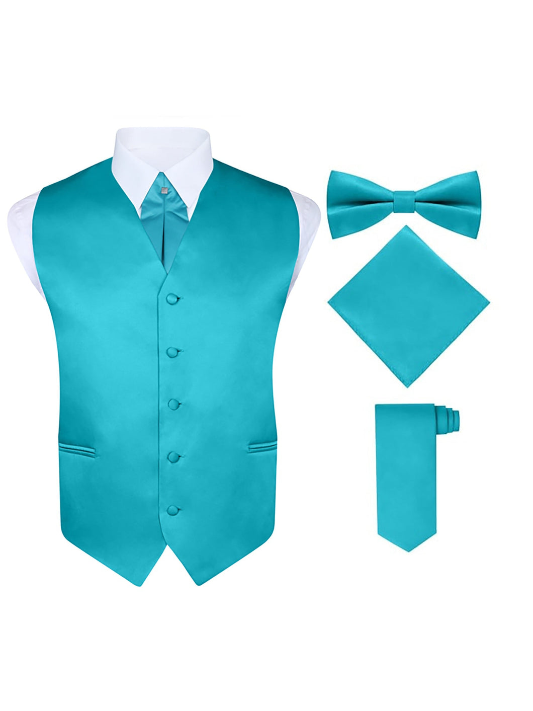 S.H. Churchill & Co. Men's 5 Piece Vest Set, with Cravat, Bow Tie, Neck Tie & Pocket Hanky-Teal