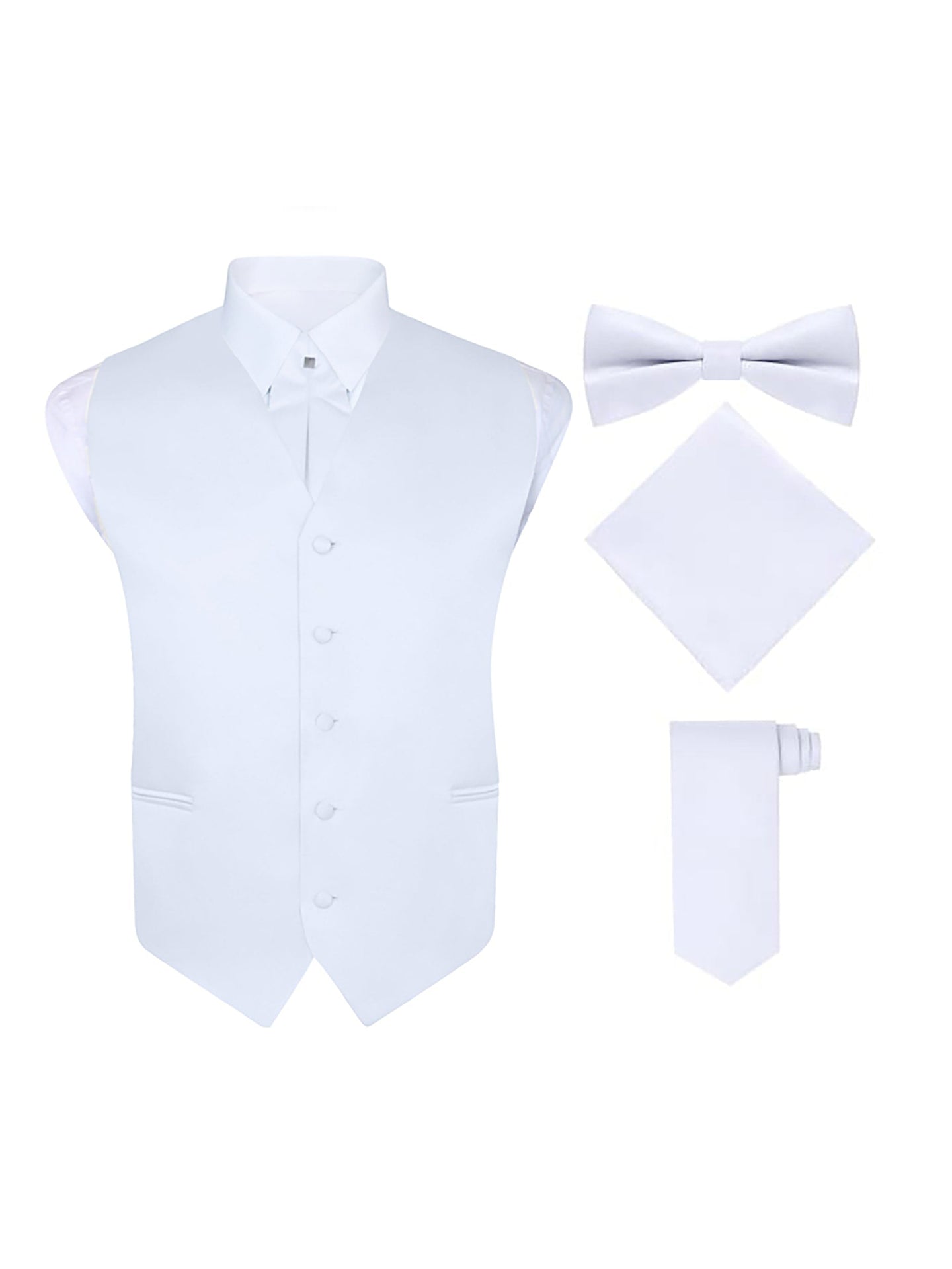 S.H. Churchill & Co. Men's 5 Piece Vest Set, with Cravat, Bow Tie, Neck Tie & Pocket Hanky-White